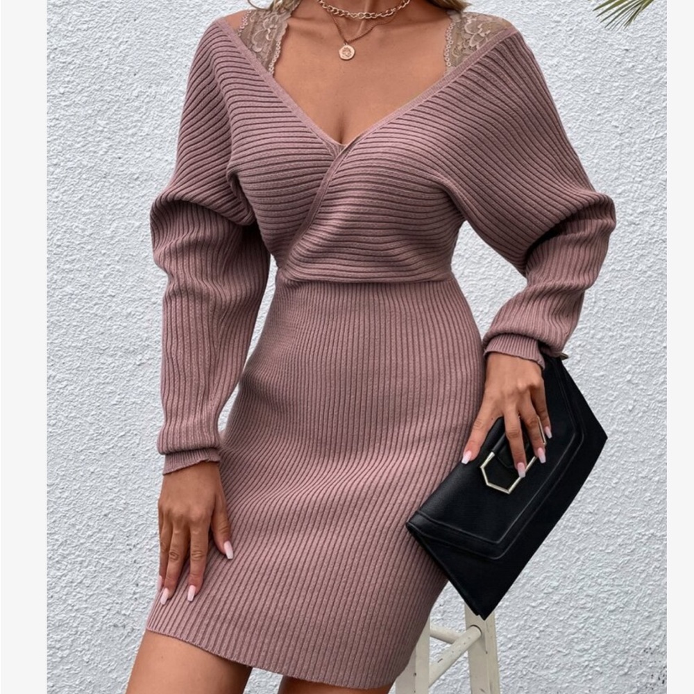 Elegant Contrast Lace Cold Off the Shoulder Dolman Sleeve Ribbed Sweater Dress - Picture 5 of 6